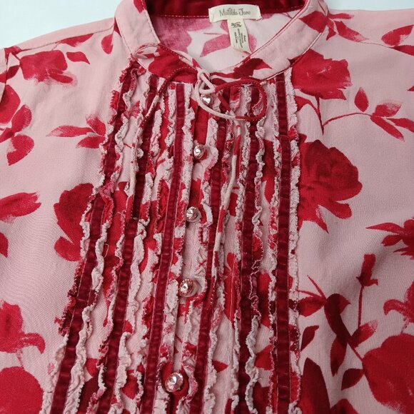 Matilda Jane XS Blouse Pink Floral Rayon Button Up Tie Neck Ruffled Long Sleeve - Picture 8 of 12
